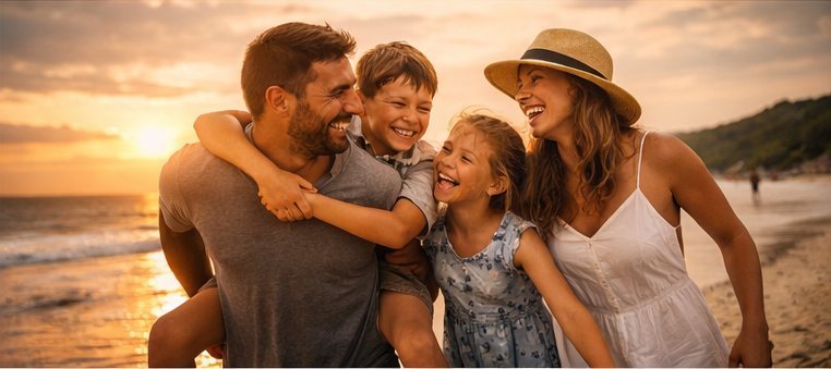 Família feliz na praia ao entardecer