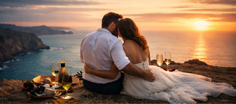 Casal em jantar romântico ao pôr do sol